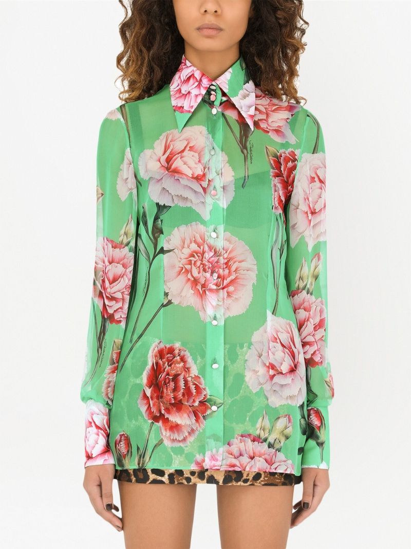 Green Carnation Print Silk Chiffon Shirt