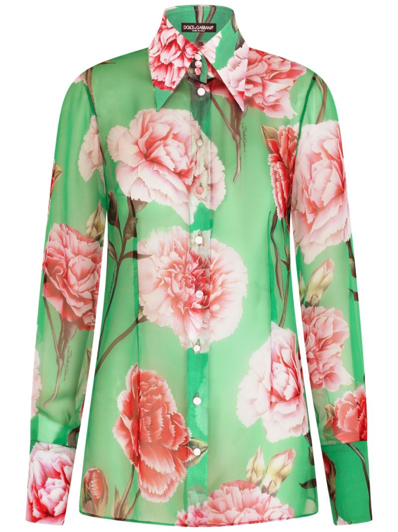 Green Carnation Print Silk Chiffon Shirt