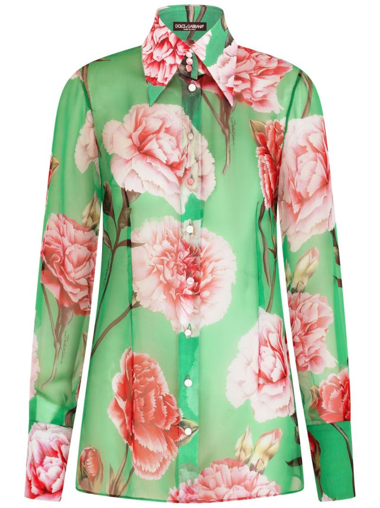 Green Carnation Print Silk Chiffon Shirt