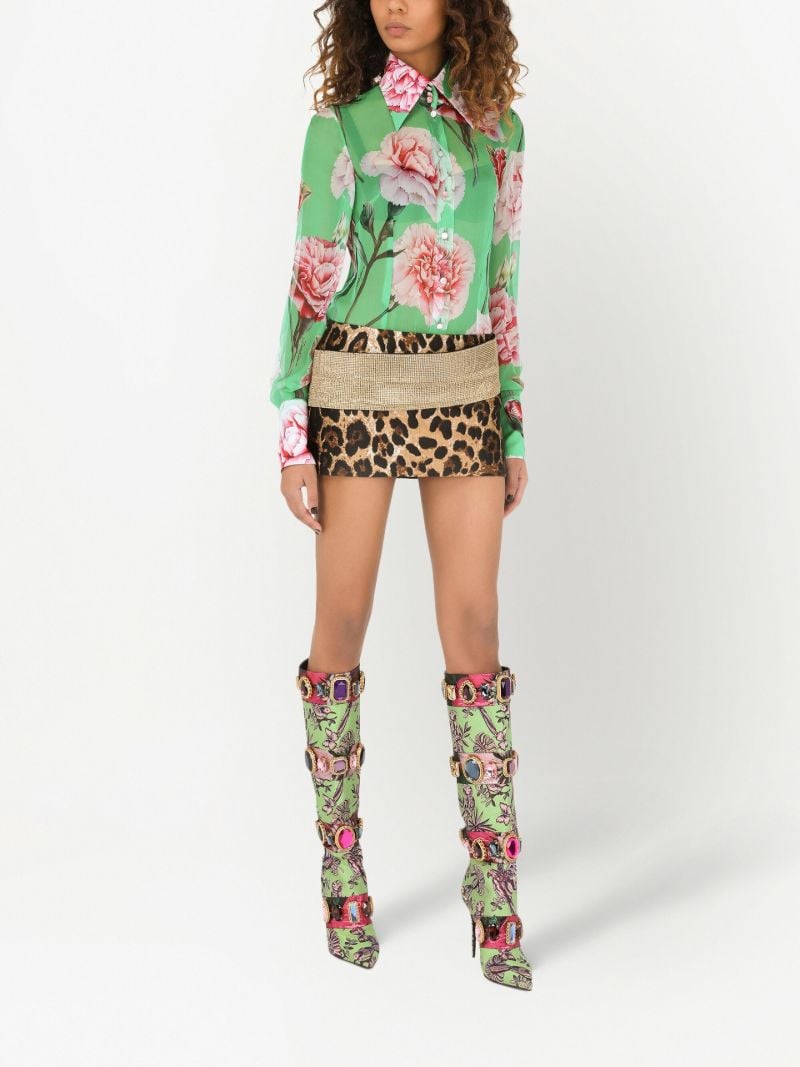 Green Carnation Print Silk Chiffon Shirt