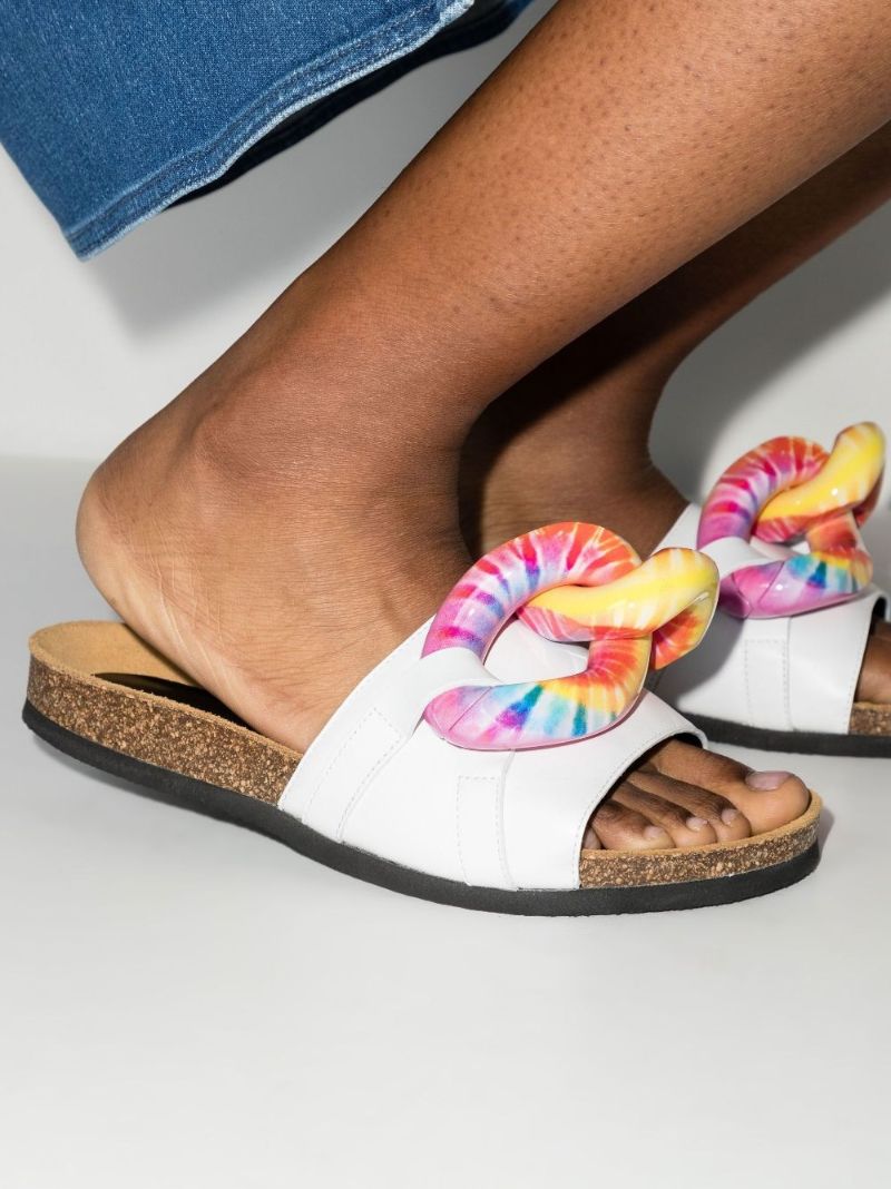White Tie-dye Chain Link Leather Sandals