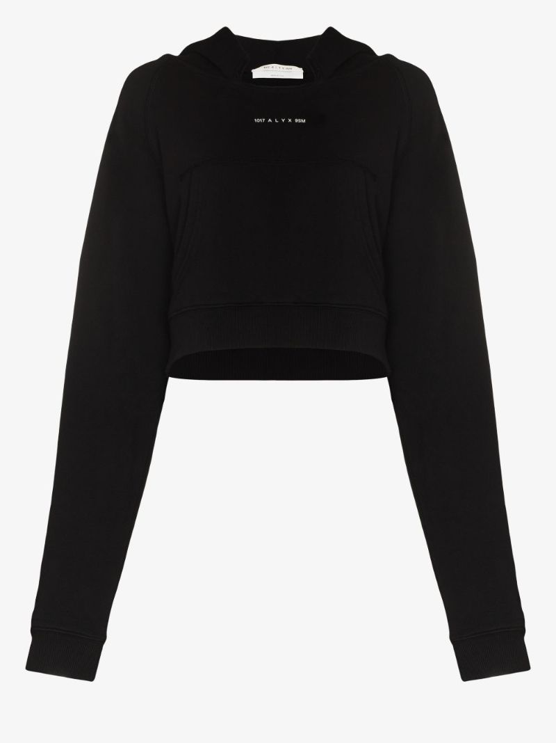 Black Cropped Logo Print Hoodie