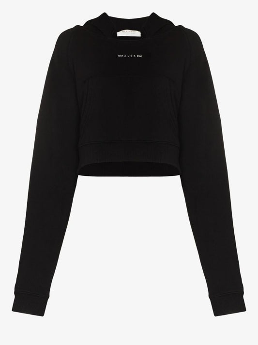 Black Cropped Logo Print Hoodie