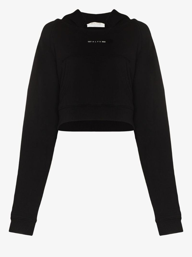 Black Cropped Logo Print Hoodie