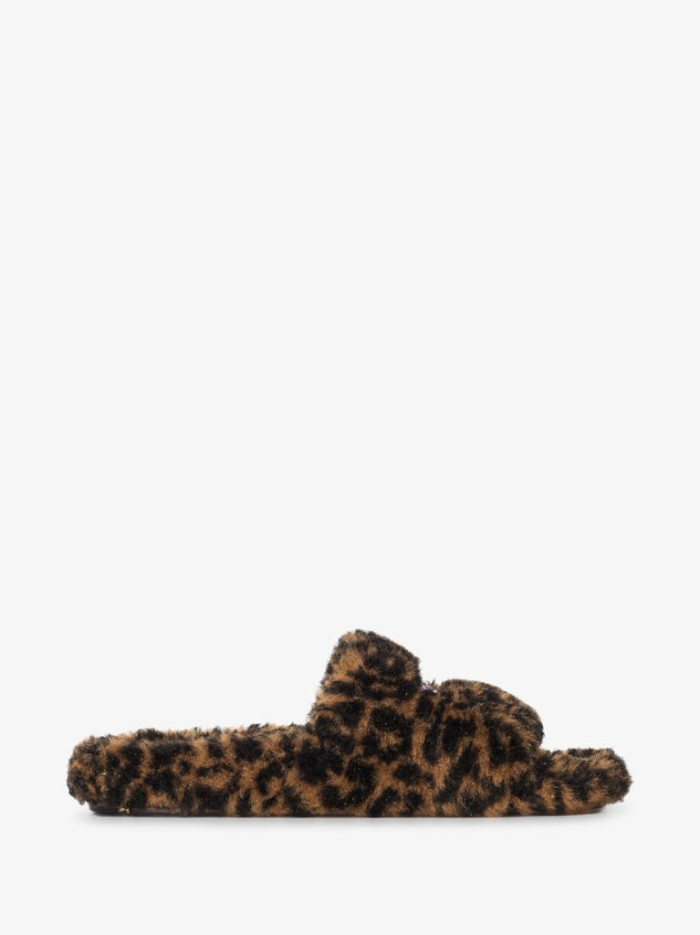 Black Leopard Print Faux Fur Sandals