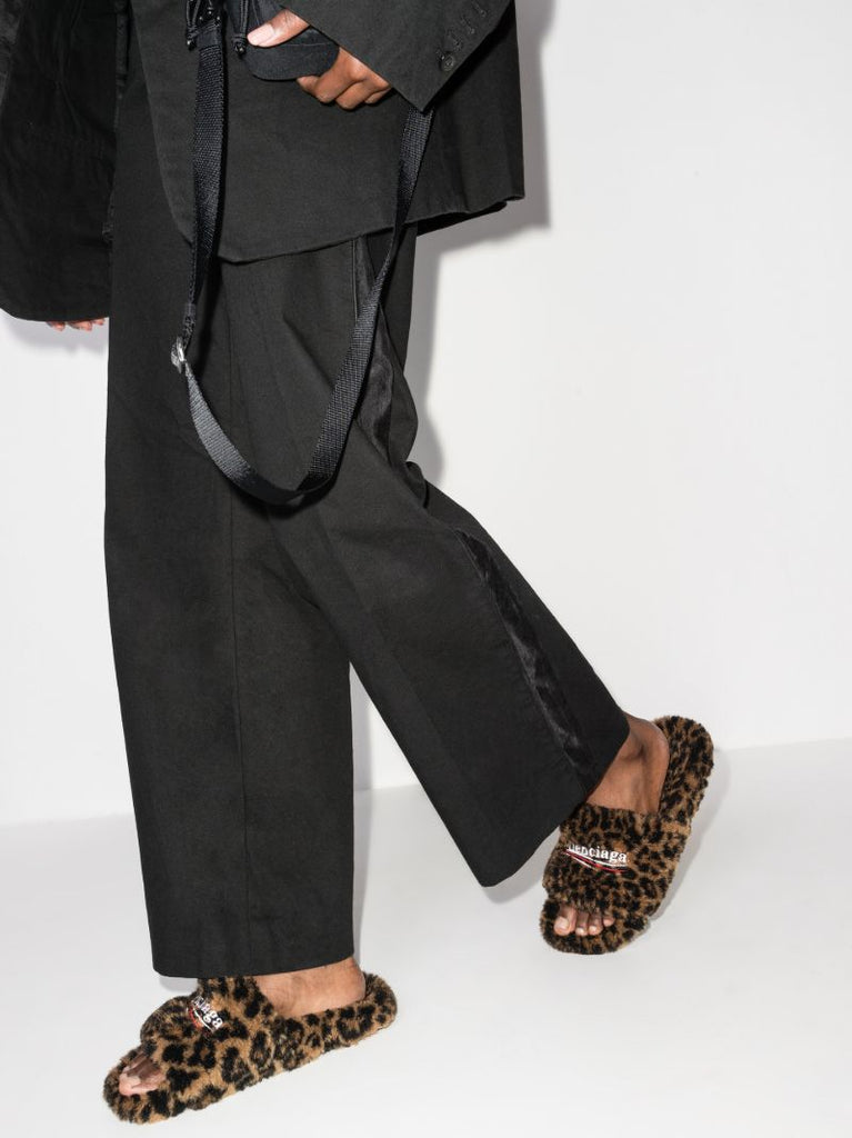 Black Leopard Print Faux Fur Sandals
