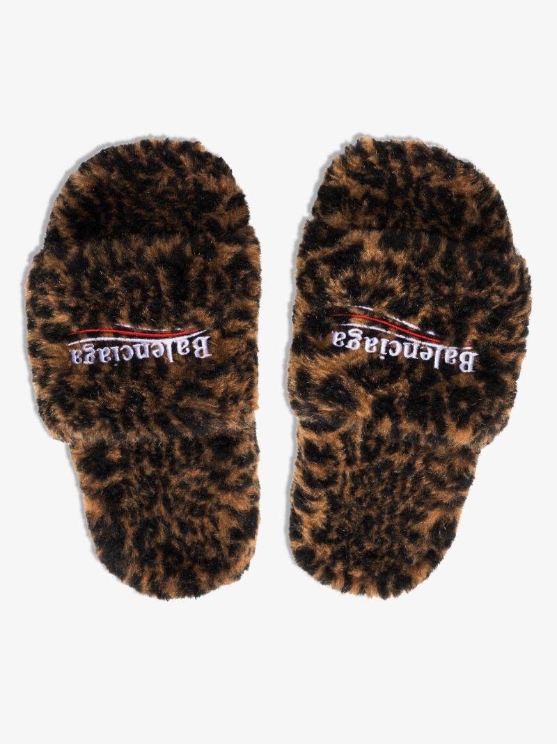 Black Leopard Print Faux Fur Sandals