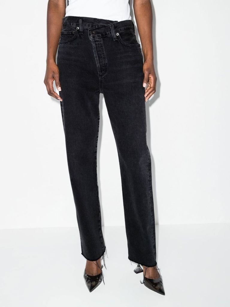 Black Criss Cross Straight Leg Denim Jeans