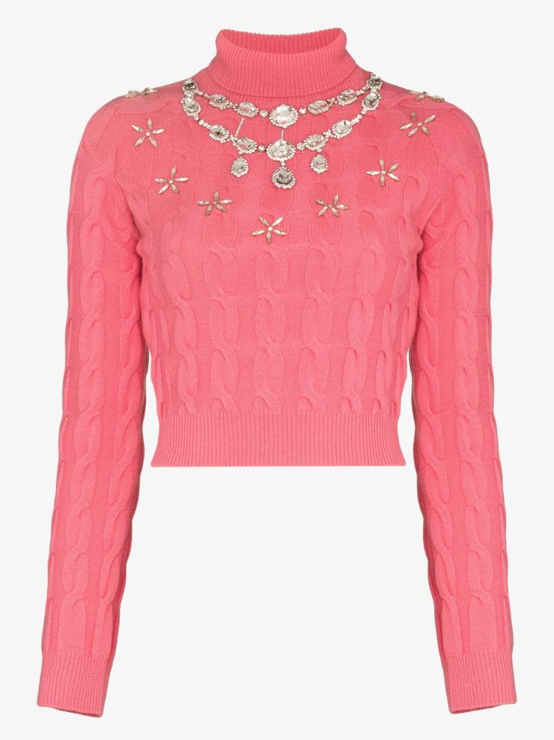 Embellished Cable Knit Wool Sweater