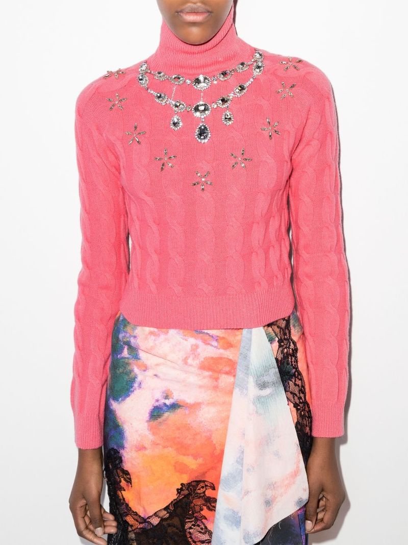 Embellished Cable Knit Wool Sweater