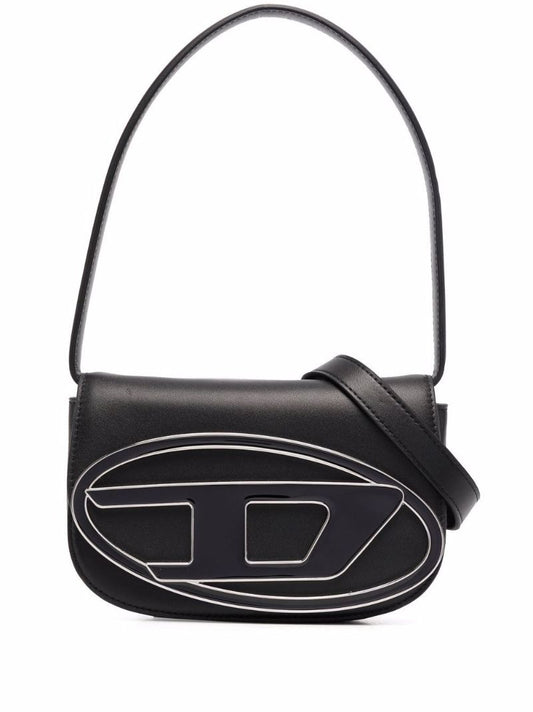 Black Logo Plaque Leather Shoulder Bag