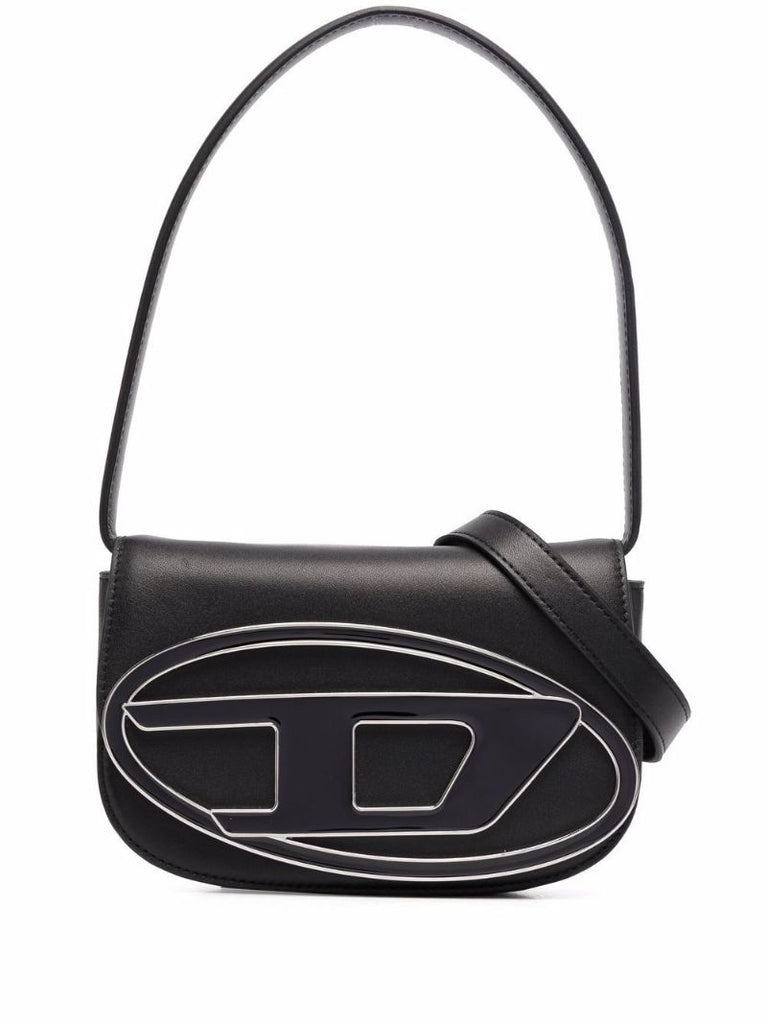 Black Logo Plaque Leather Shoulder Bag