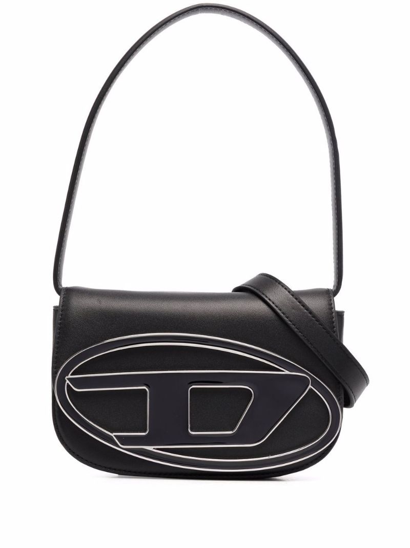 Black Logo Plaque Leather Shoulder Bag