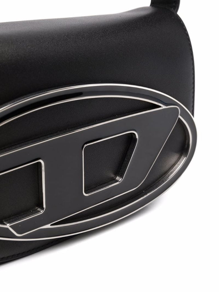 Black Logo Plaque Leather Shoulder Bag