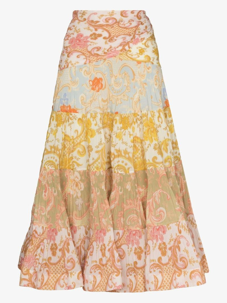 Postcard Tiered Printed Cotton Midi Skirt