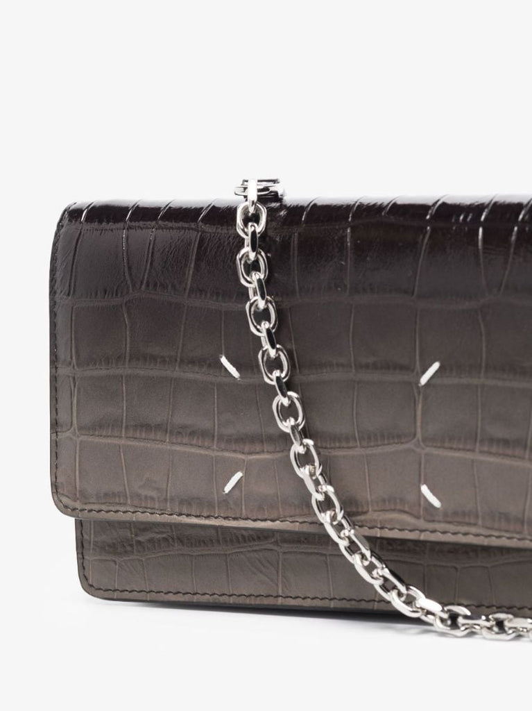 Black Four-stitch Mock Croc Leather Chain Wallet