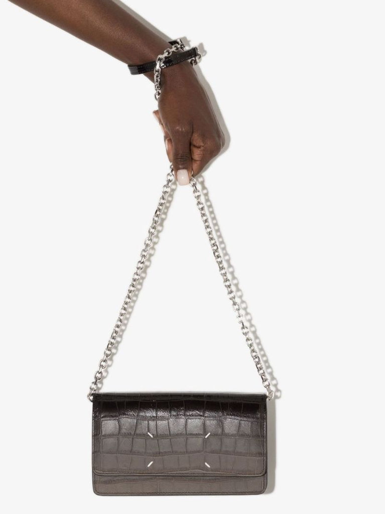 Black Four-stitch Mock Croc Leather Chain Wallet
