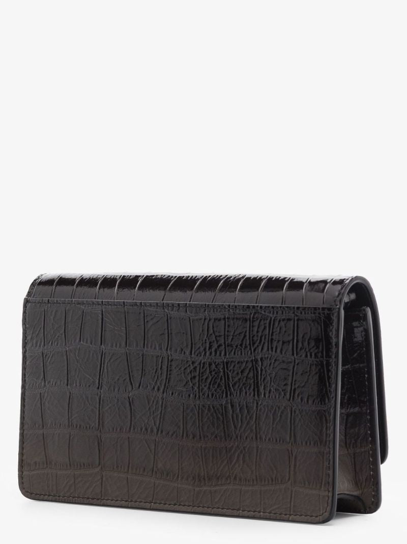 Black Four-stitch Mock Croc Leather Chain Wallet