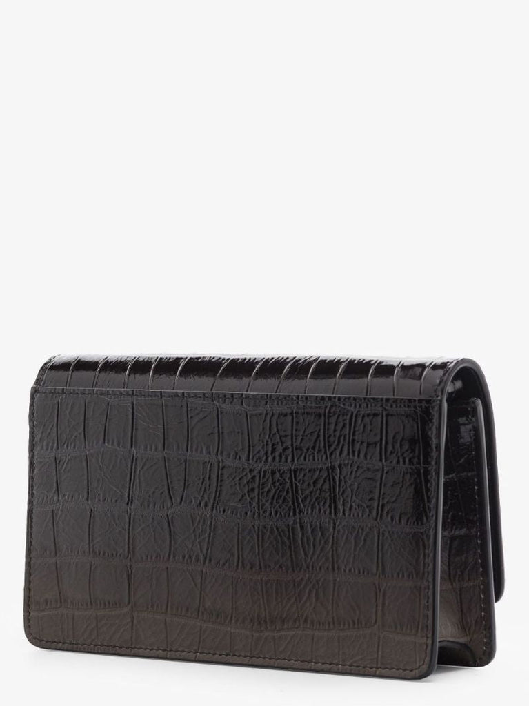 Black Four-stitch Mock Croc Leather Chain Wallet