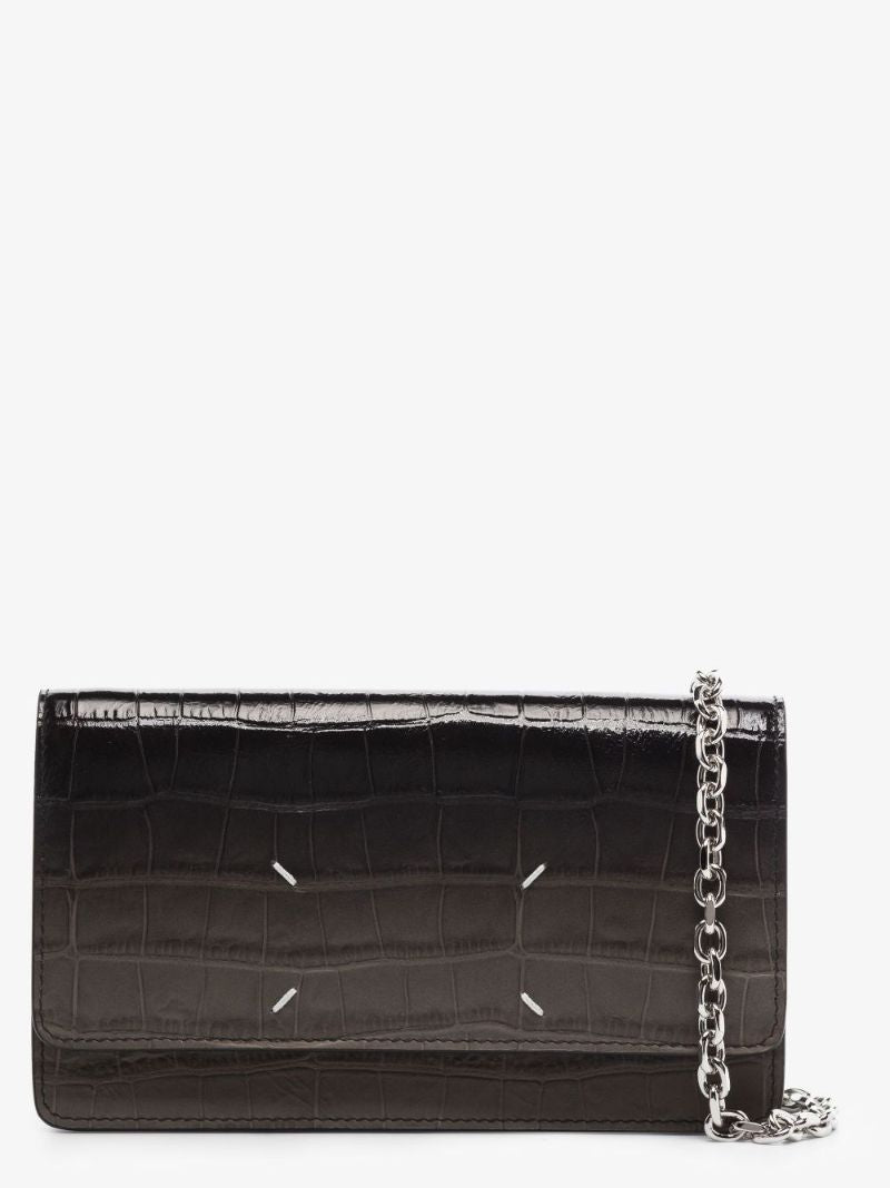 Black Four-stitch Mock Croc Leather Chain Wallet
