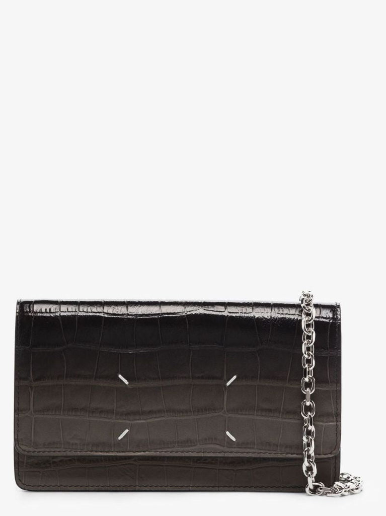 Black Four-stitch Mock Croc Leather Chain Wallet
