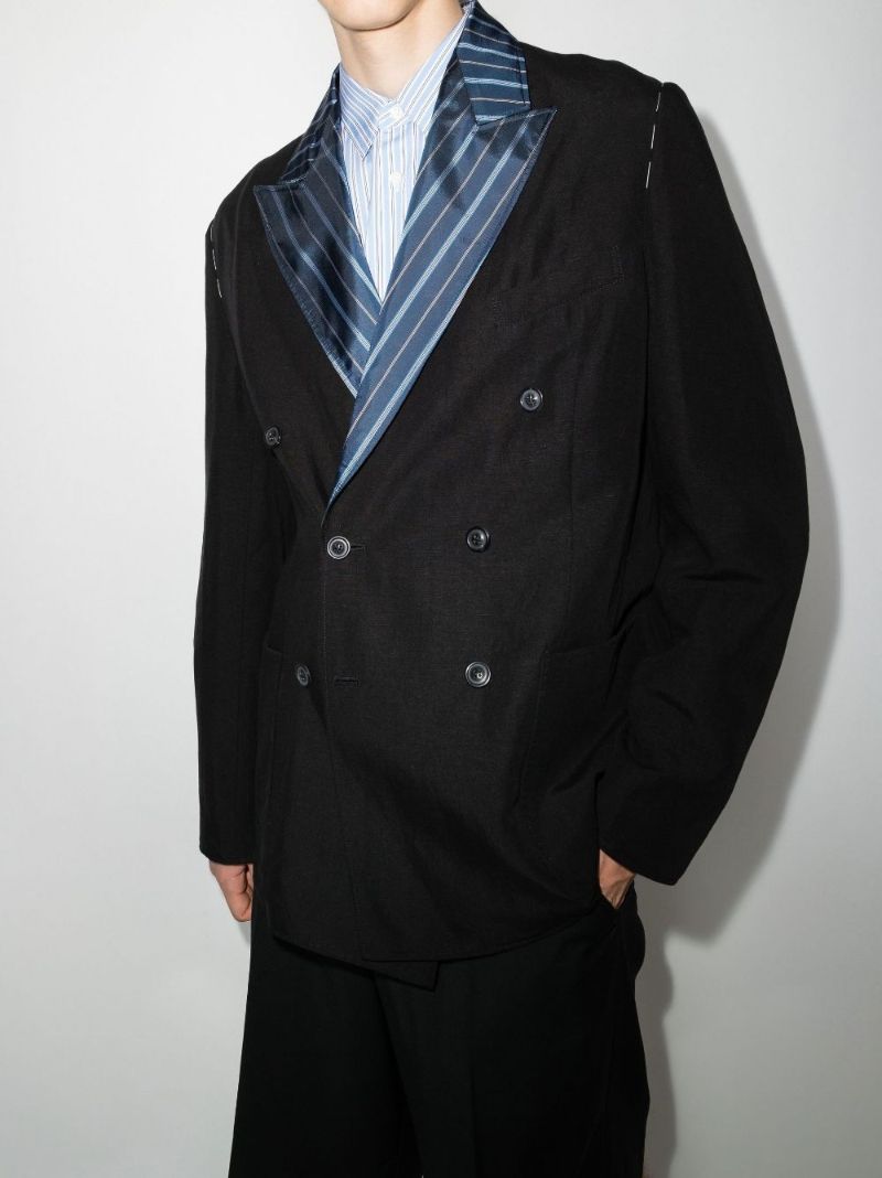 Contrast Lapel Double-breasted Cotton Blazer