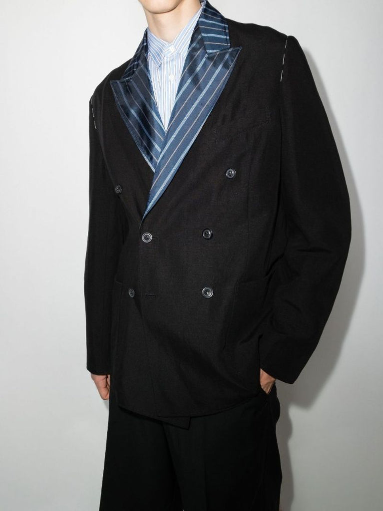 Contrast Lapel Double-breasted Cotton Blazer