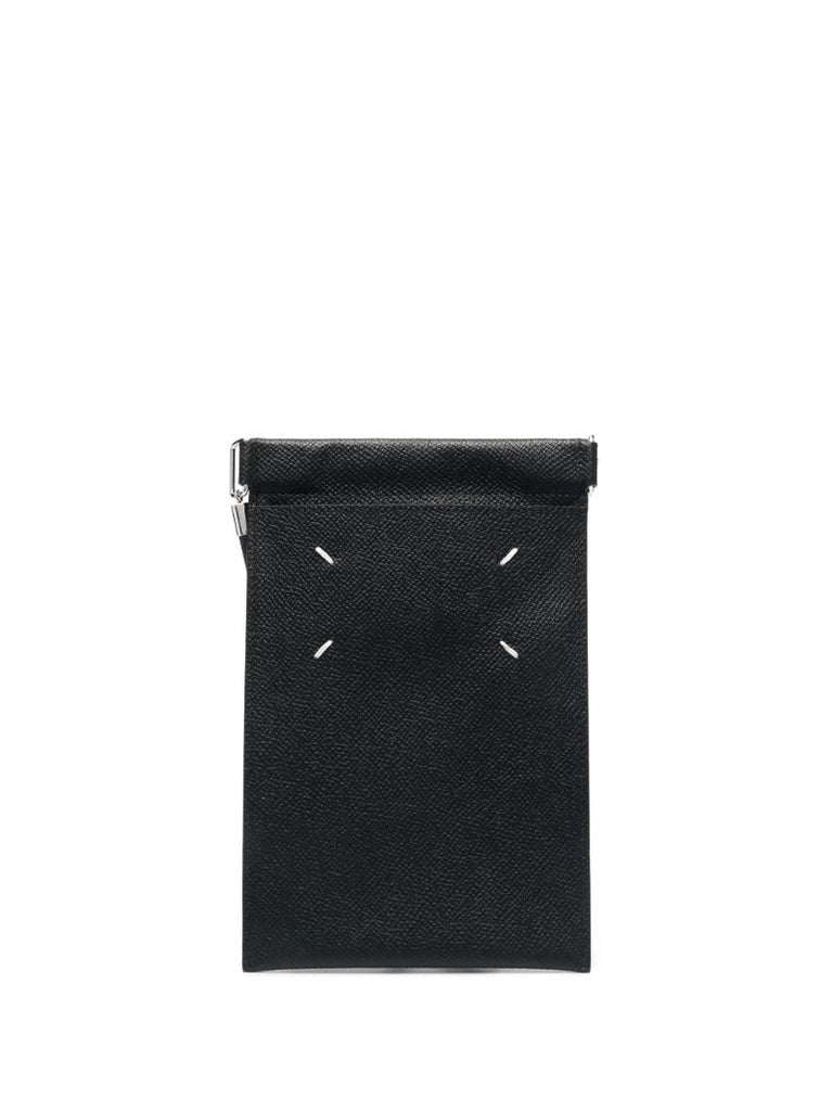 Black Four-stitch Leather Phone Pouch
