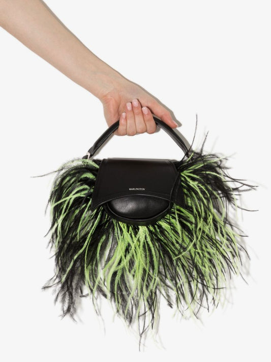 Black Kiks Mini Feather Trim Leather Top Handle Bag