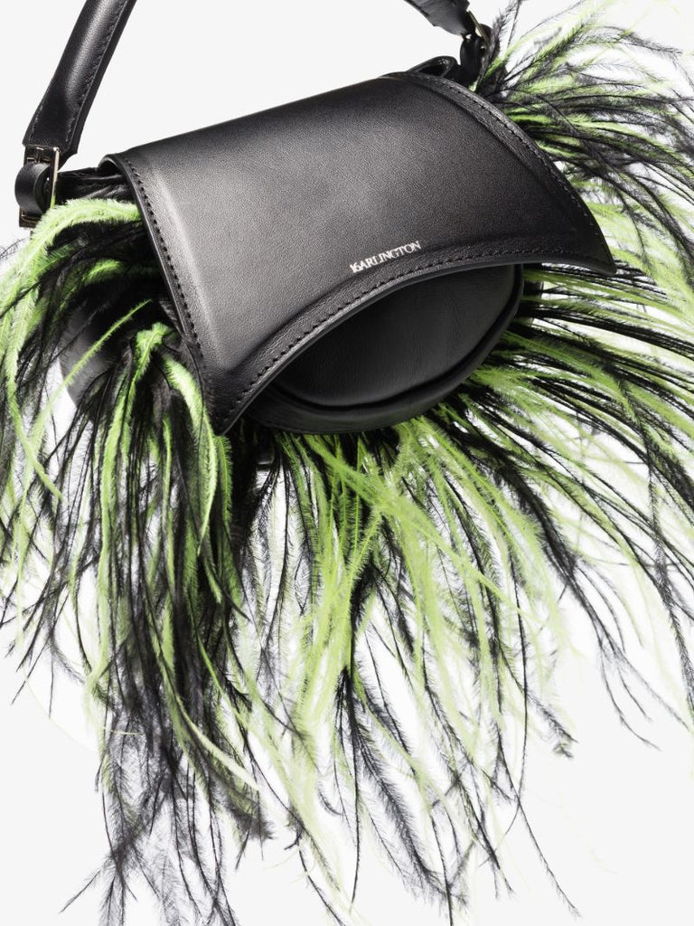 Black Kiks Mini Feather Trim Leather Top Handle Bag