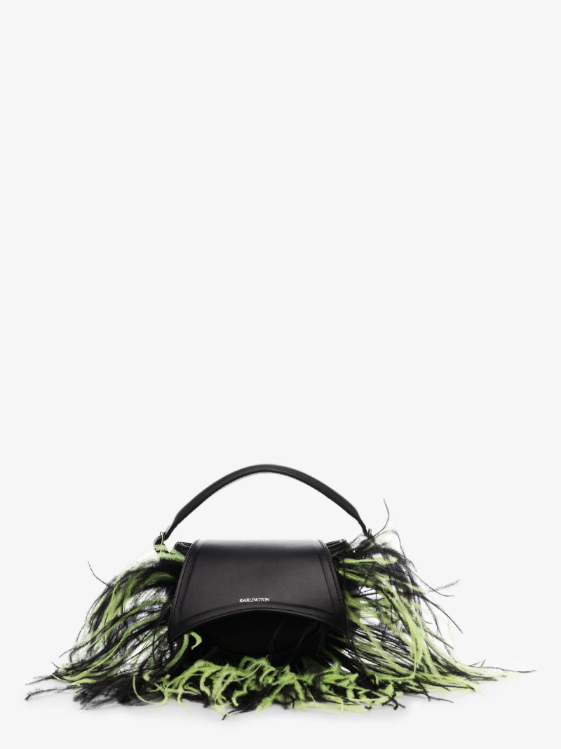 Black Kiks Mini Feather Trim Leather Top Handle Bag