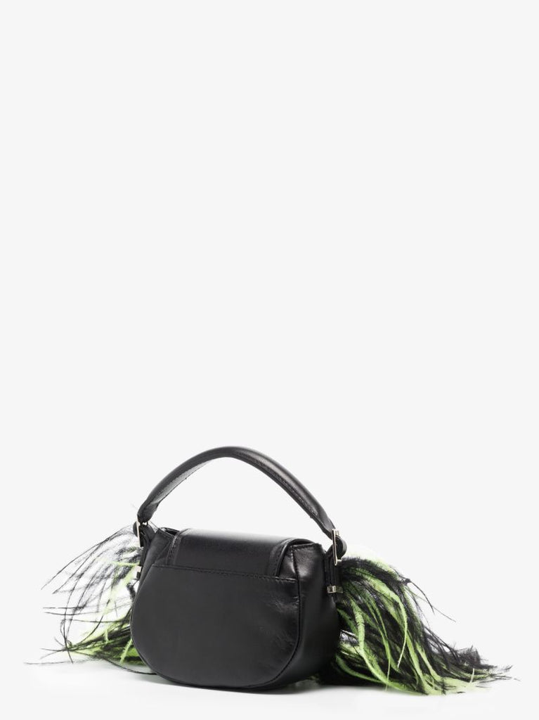 Black Kiks Mini Feather Trim Leather Top Handle Bag