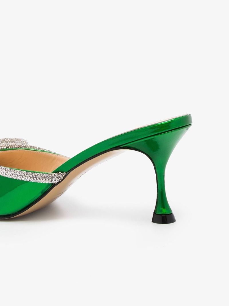 Green Double Bow 65 Crystal Leather Mules