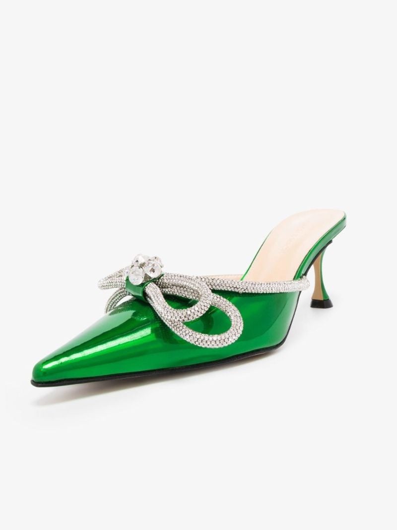 Green Double Bow 65 Crystal Leather Mules