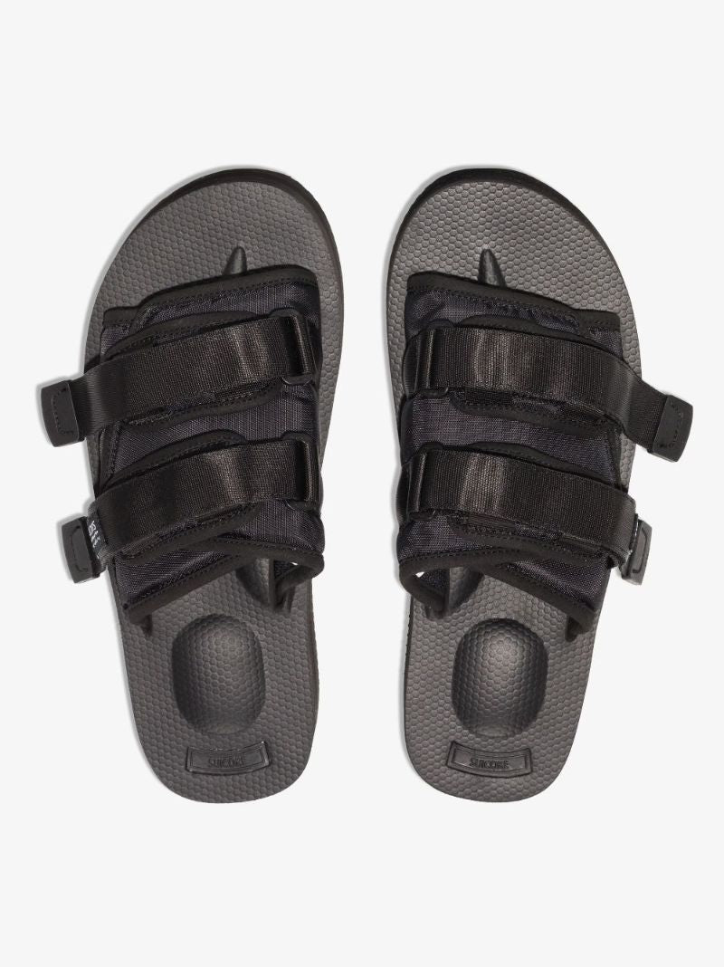 Black Moto Double Strap Flat Sandals