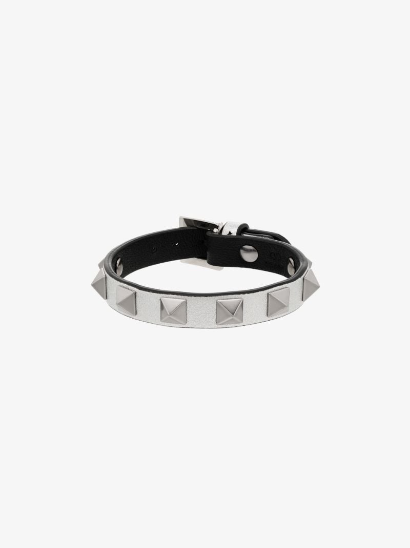 Silver Tone Rockstud Leather Bracelet