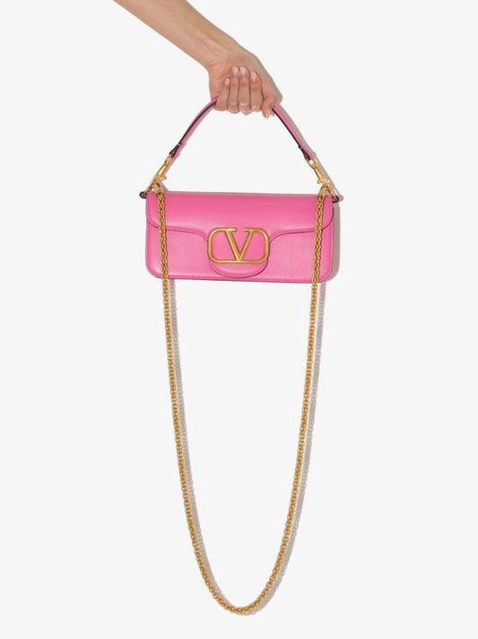 Pink Vlogo Baguette Leather Shoulder Bag