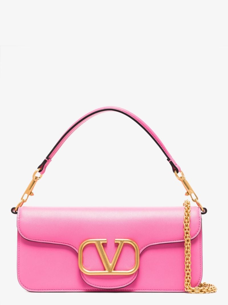 Pink Vlogo Baguette Leather Shoulder Bag