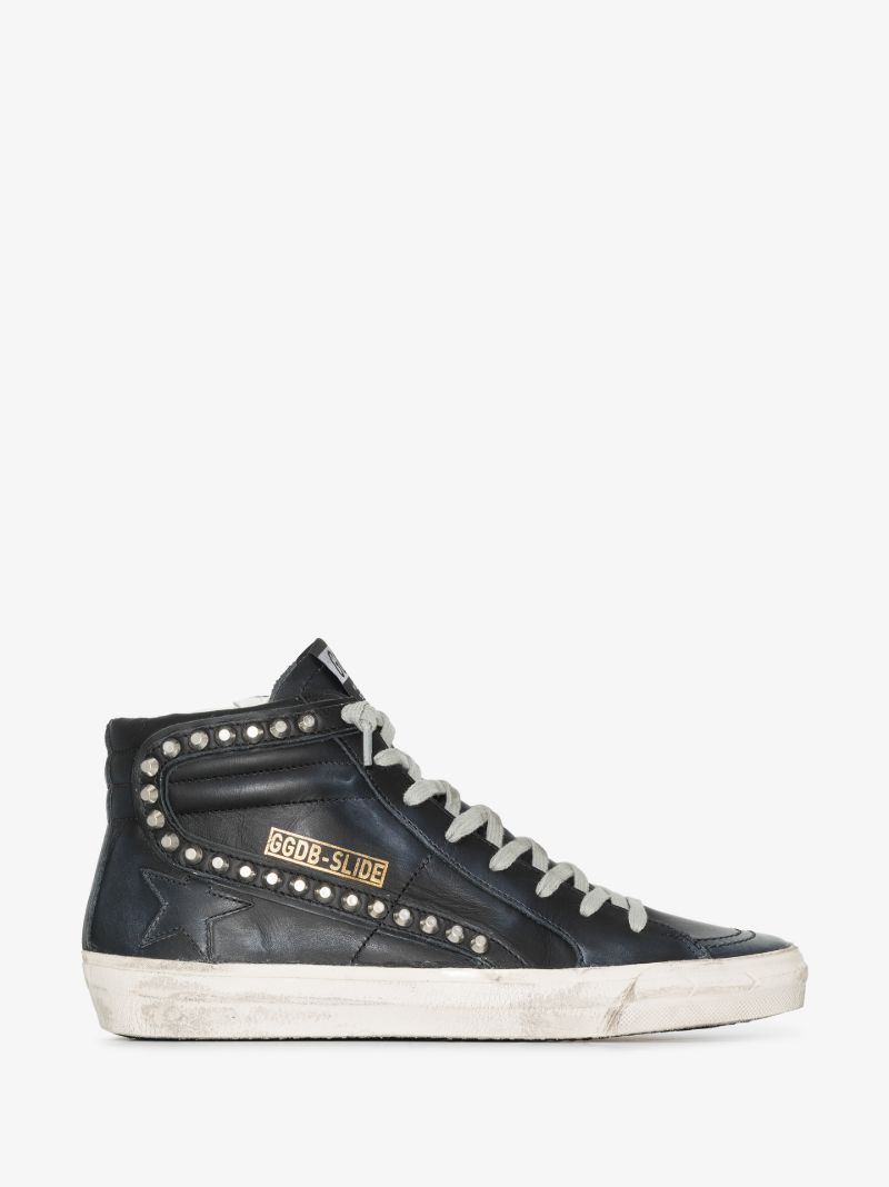Black Slide High Top Studded Leather Sneakers