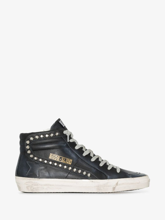 Black Slide High Top Studded Leather Sneakers