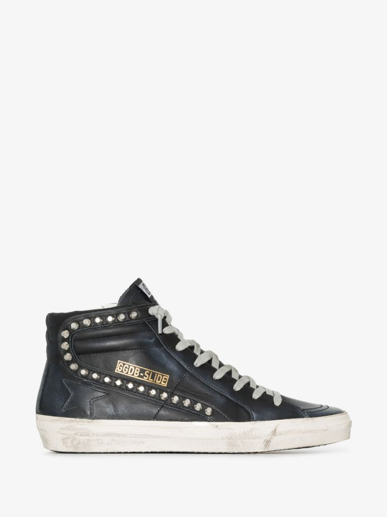 Black Slide High Top Studded Leather Sneakers