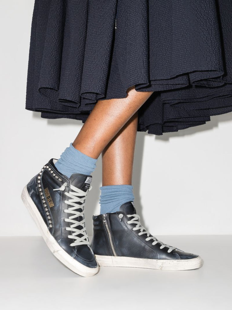 Black Slide High Top Studded Leather Sneakers