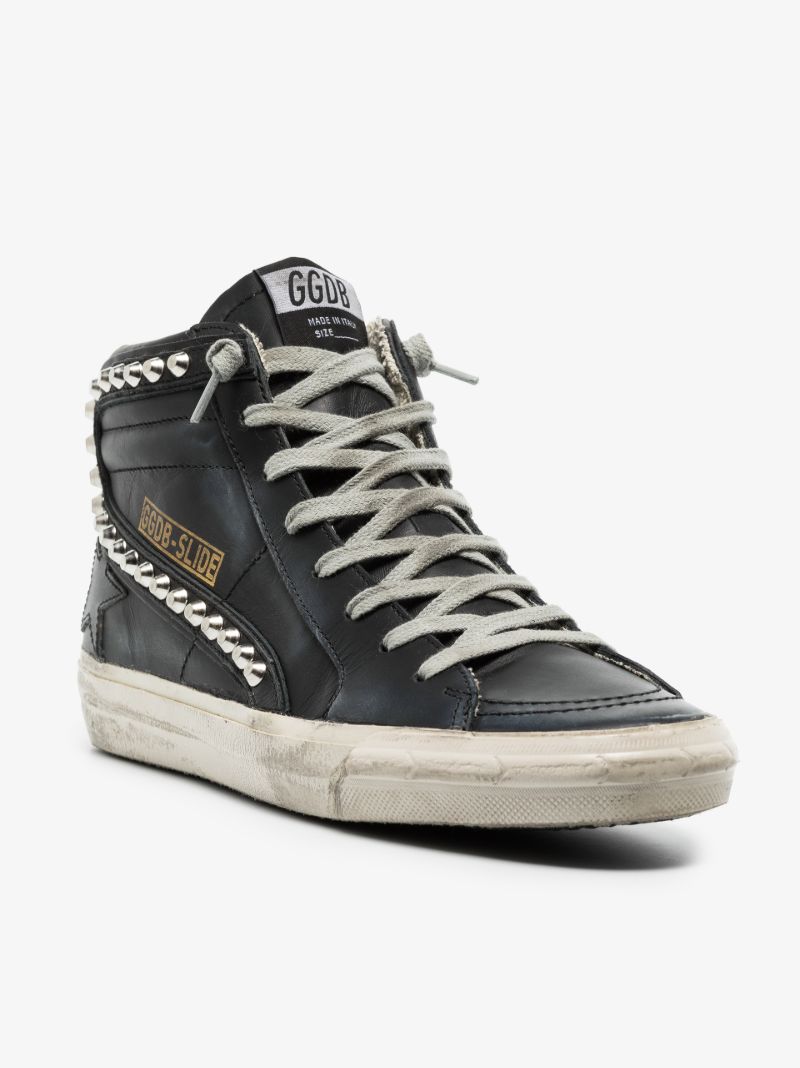 Black Slide High Top Studded Leather Sneakers