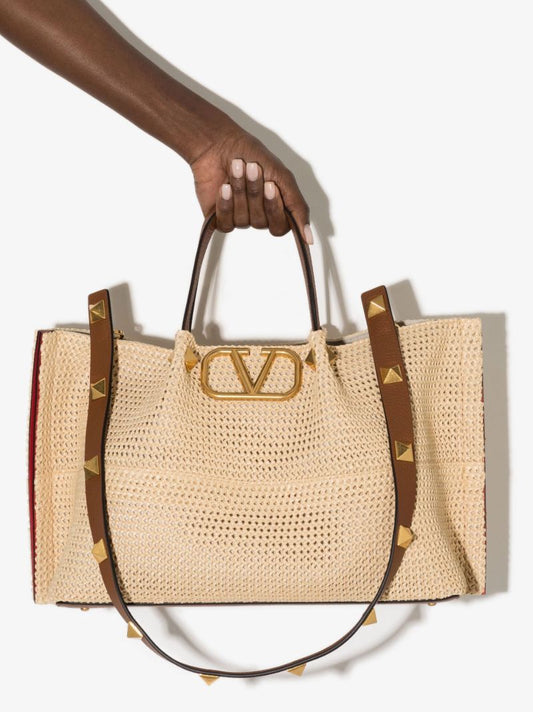 Neutral Vlogo Medium Straw Tote Bag