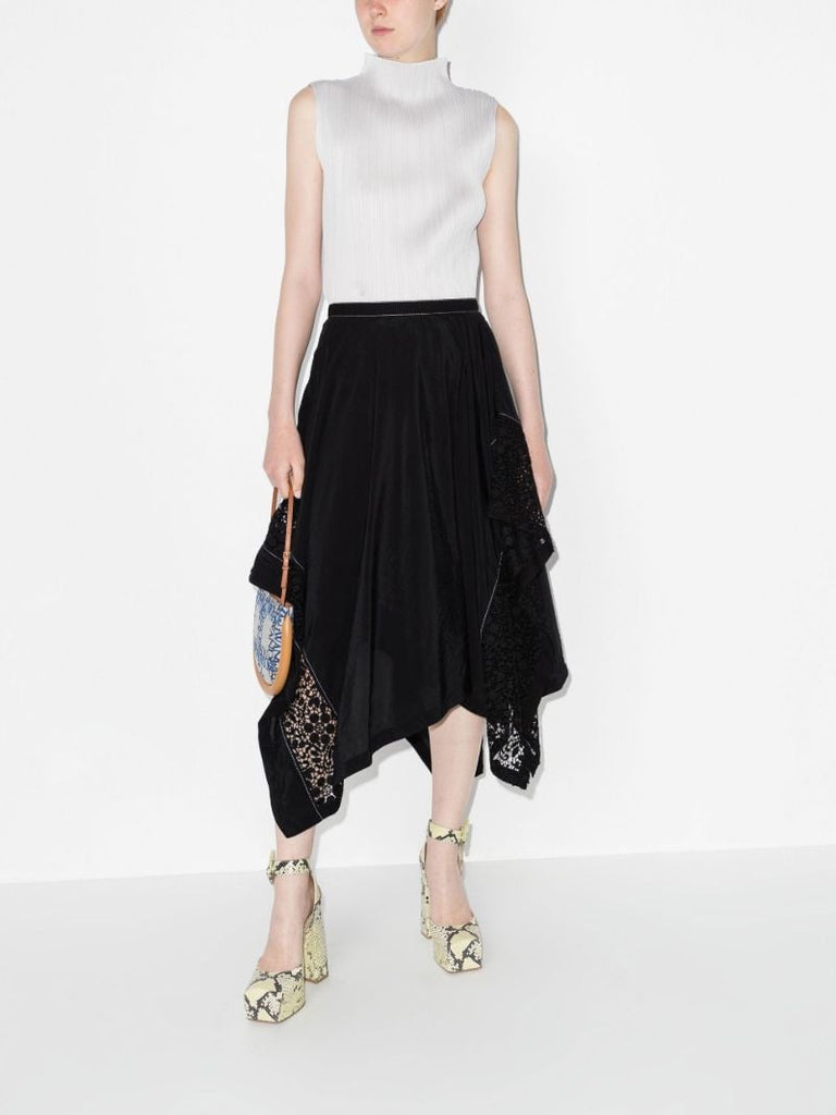 Asymmetric Lace Trim Midi Skirt