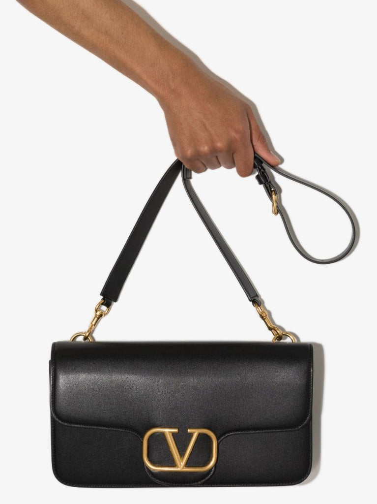 Black Vlogo Signature Leather Messenger Bag