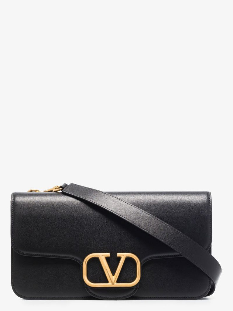 Black Vlogo Signature Leather Messenger Bag