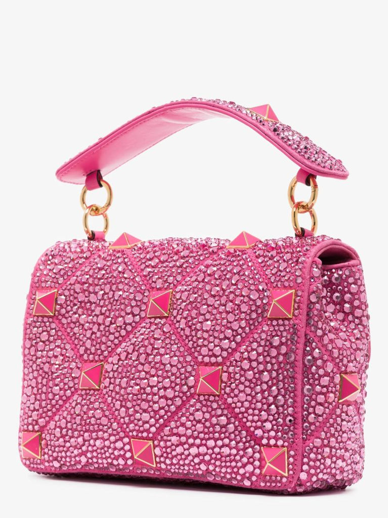 Pink Roman Stud Medium Crystal Shoulder Bag
