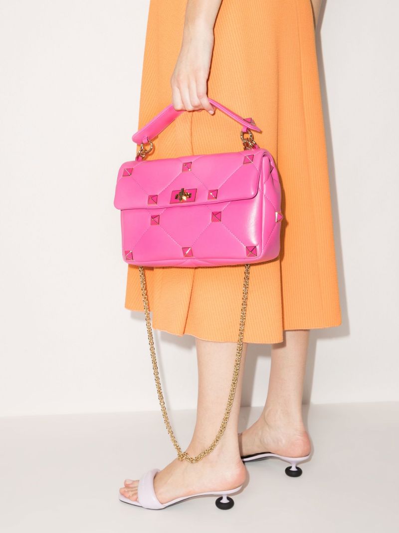 Pink Roman Stud Large Leather Shoulder Bag