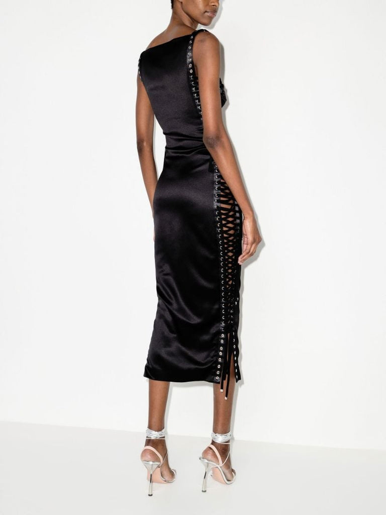 Black Lace-up Side Satin Midi Dress